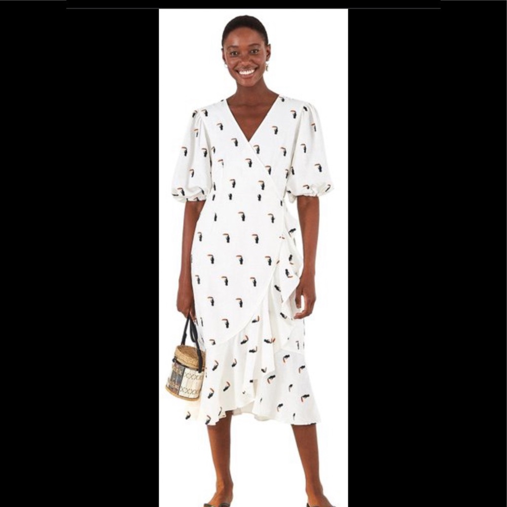 FARM RIO Anthropologie NWT toucan embroidered wrap midi dress white linen summer
